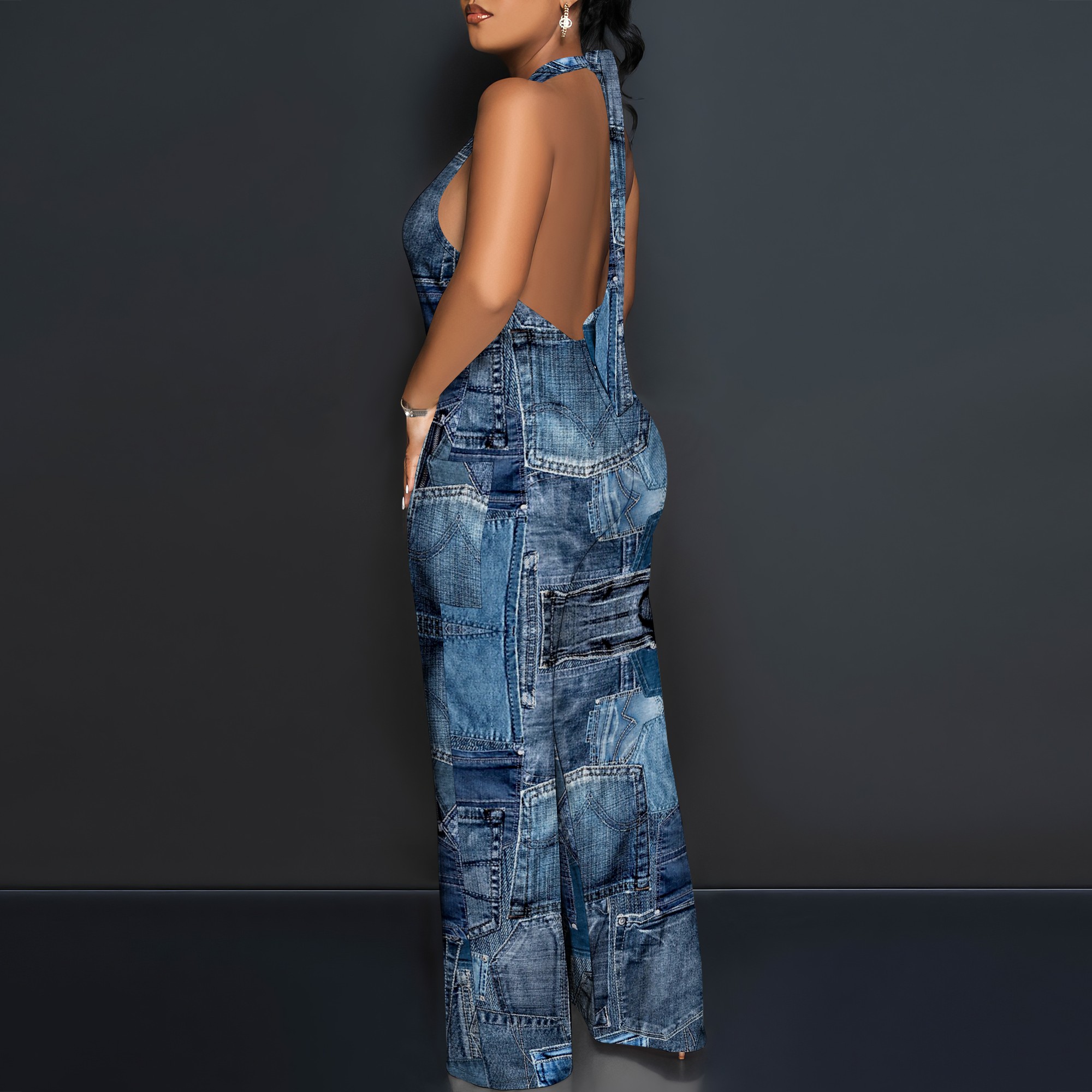 Denim Patchwork Halter V-Neck  - Maxi Dress Halter ulasan dan harga