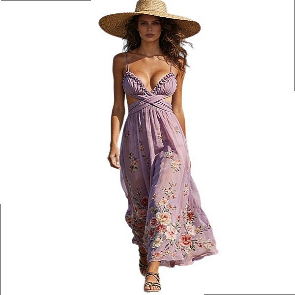 Women's Chiffon Floral Print L - Maxi Dress Halter ulasan dan harga